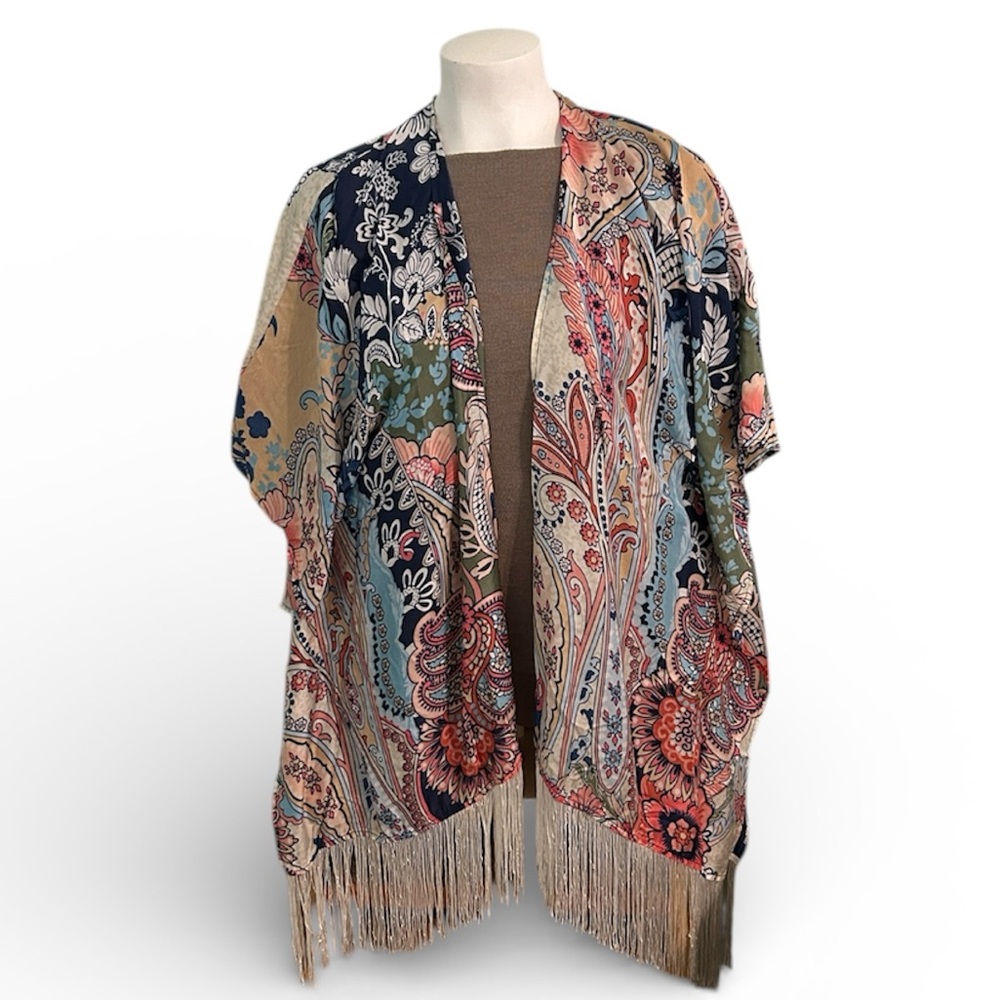 Chico’s Shawl Poncho Kaftan Floral Paisley with Fringe